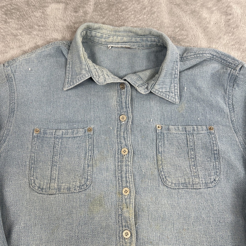 Vintage Y2K Textured Surf Button Down Medium Blue Men Streetwear Boho Shirt - Picture 2 of 12